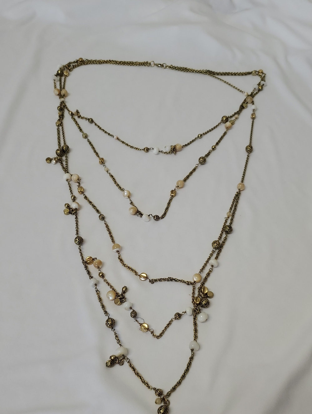 Layered Gold-Tone Necklace with Cream Beads - Women Jewelry